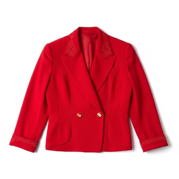 Griffith Gray St John Red Wool Blazer Detailed Collar Cuffs Size 6 Made in Italy - Picture 3 of 11